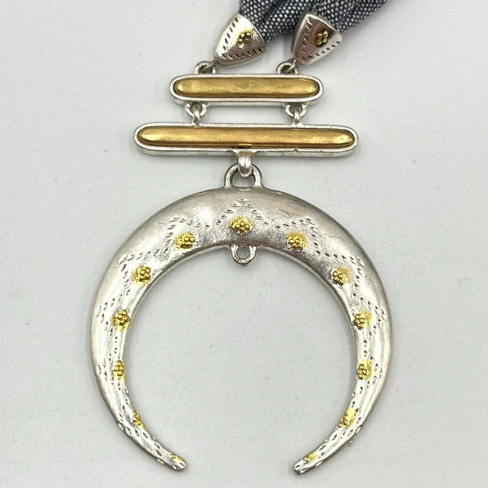 Vintage Mixed Metal Crescent Tusk Necklace Denim Fabric & Braided Cord Statement